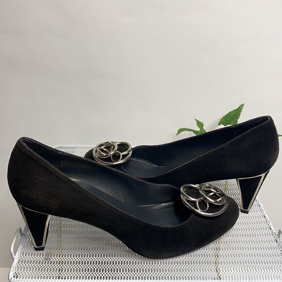 Stuart Weitzman Suede Embellished Metallic Trimmed Heeled Pumps‎ Shoes Black 7.5 - Picture 1 of 16